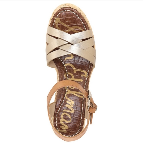 New! SAM EDELMAN Darline Gold Leather Espadrilles Wedge Sandals Heel Size 9.5 - Picture 3 of 16